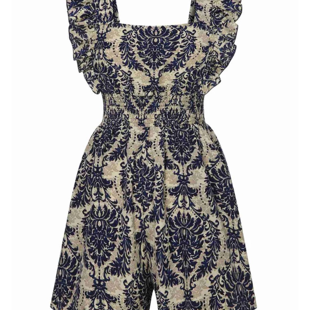 1970S INSPIRED BAROQUE PRINTS SQUARE NECK RUFFLES ROMPER